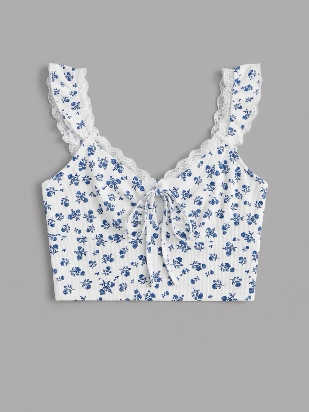 Women’s Blue Floral Lace-Trim Crop Top